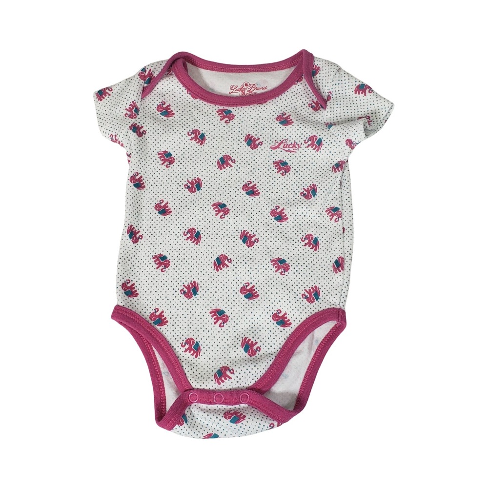 Lucky Brand Baby Girls 12M Elephant Polka Dot Bodysuit Pink White Short Sleeve